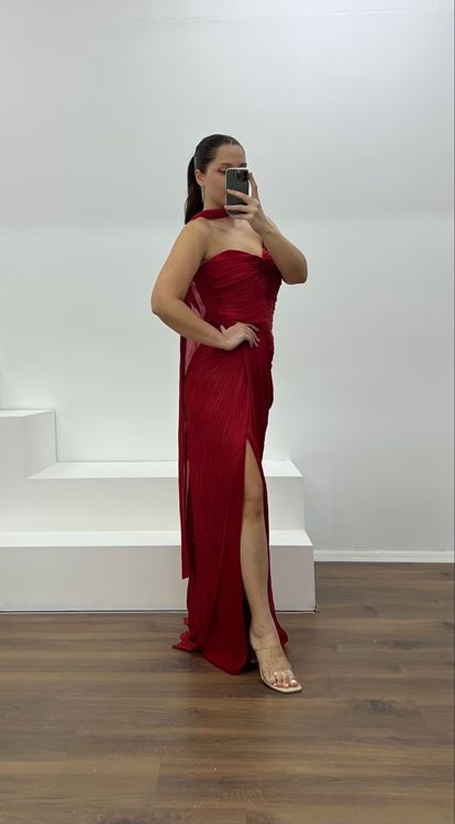 Kırmızı Straplez Piliseli Büyük Beden Abiye Elbise