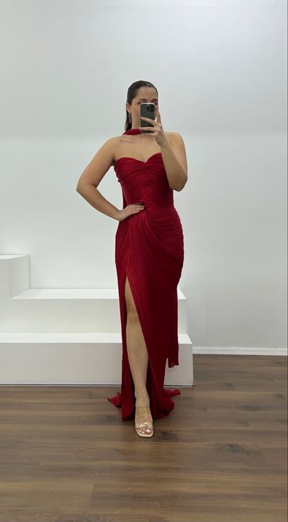 Kırmızı Straplez Piliseli Büyük Beden Abiye Elbise