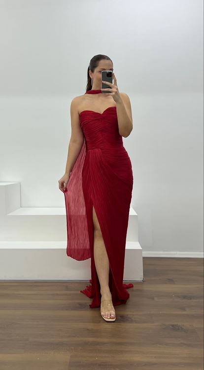 Kırmızı Straplez Piliseli Büyük Beden Abiye Elbise