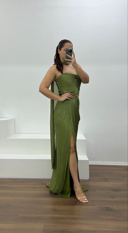 Haki Straplez Piliseli Büyük Beden Abiye Elbise