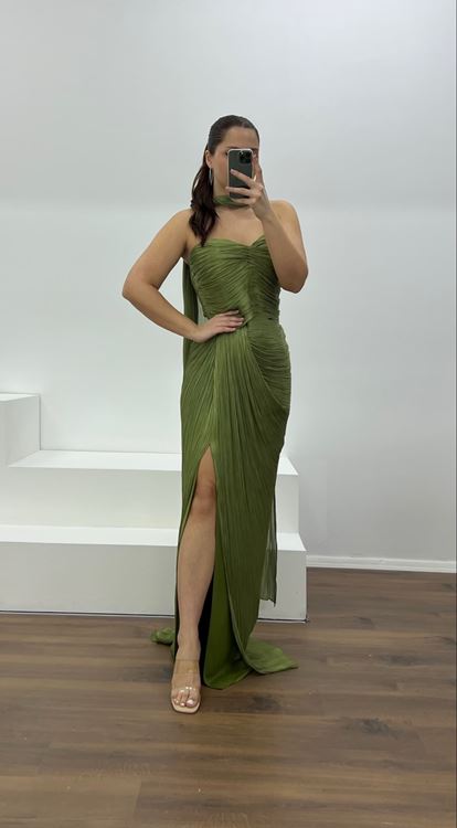 Haki Straplez Piliseli Büyük Beden Abiye Elbise