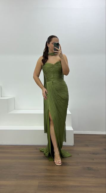 Haki Straplez Piliseli Büyük Beden Abiye Elbise