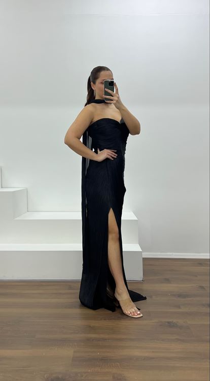 Siyah Straplez Piliseli Büyük Beden Abiye Elbise