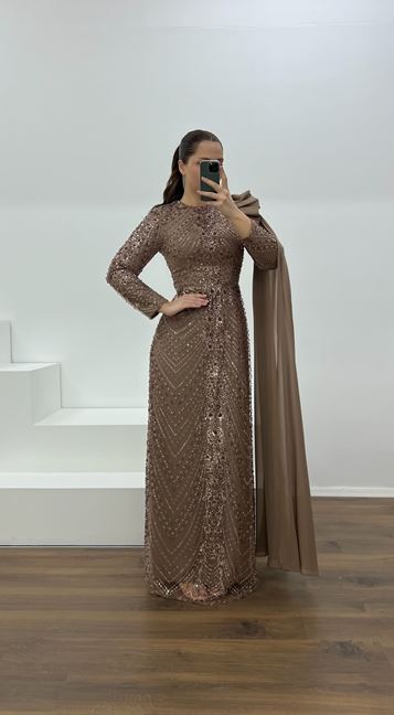 Vizon İşlemeli Büyük Beden Tesettür Abiye Elbise