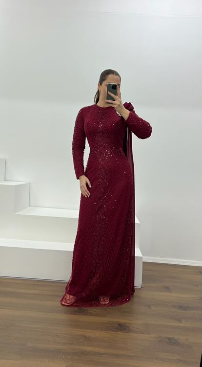 Bordo İşlemeli Büyük Beden Tesettür Abiye Elbise