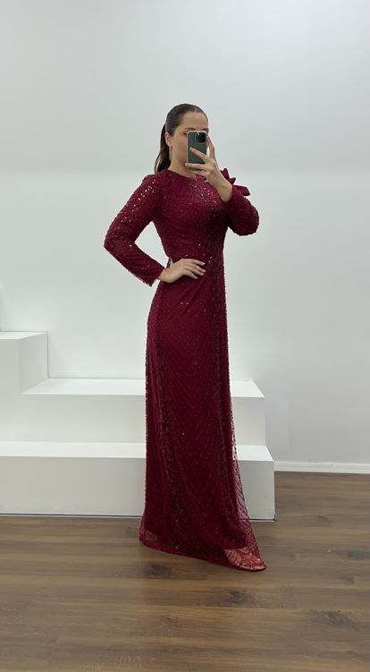 Bordo İşlemeli Büyük Beden Tesettür Abiye Elbise