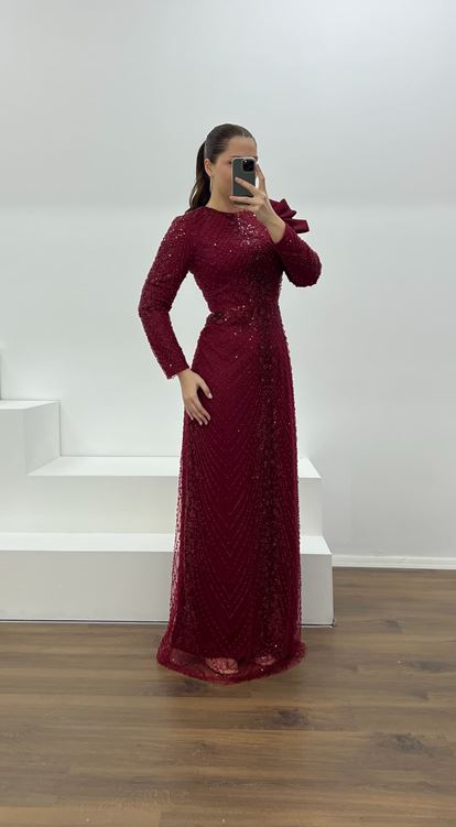 Bordo İşlemeli Büyük Beden Tesettür Abiye Elbise