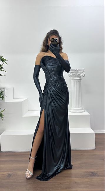 Antrasit Straplez Abiye Elbise