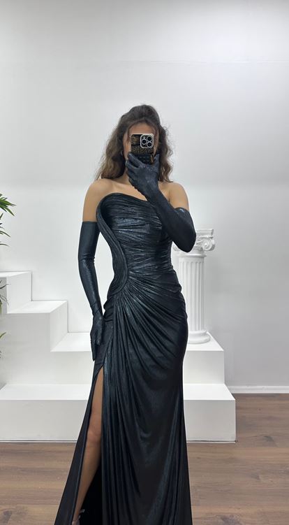 Antrasit Straplez Abiye Elbise