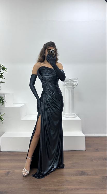 Antrasit Straplez Abiye Elbise