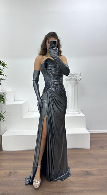 Lacivert-Gümüş Straplez Abiye Elbise