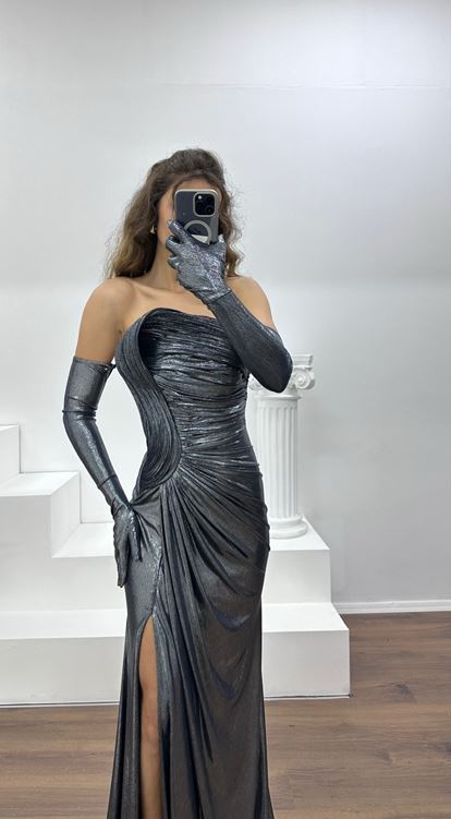 Lacivert-Gümüş Straplez Abiye Elbise