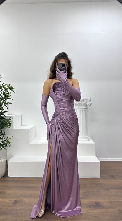 Lila Straplez Abiye Elbise