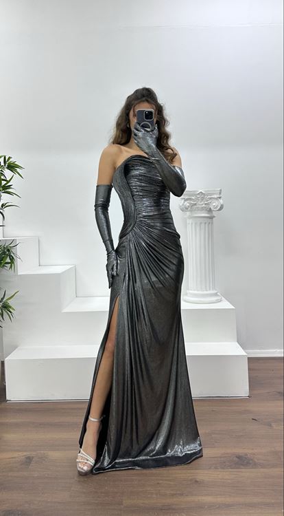 Siyah-Gümüş Straplez Abiye Elbise