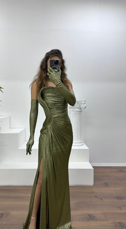 Haki Straplez Abiye Elbise