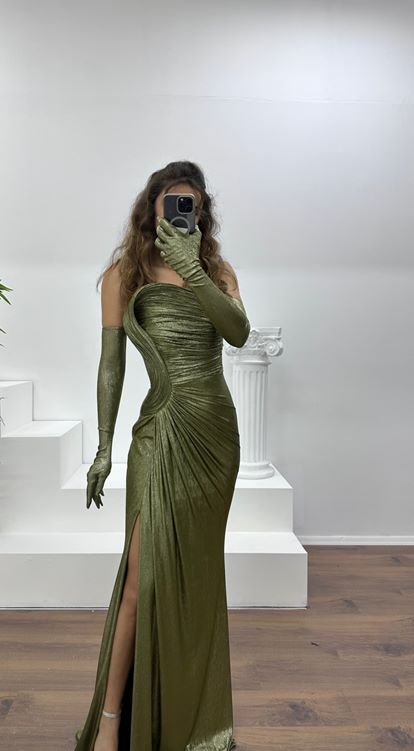 Haki Straplez Abiye Elbise