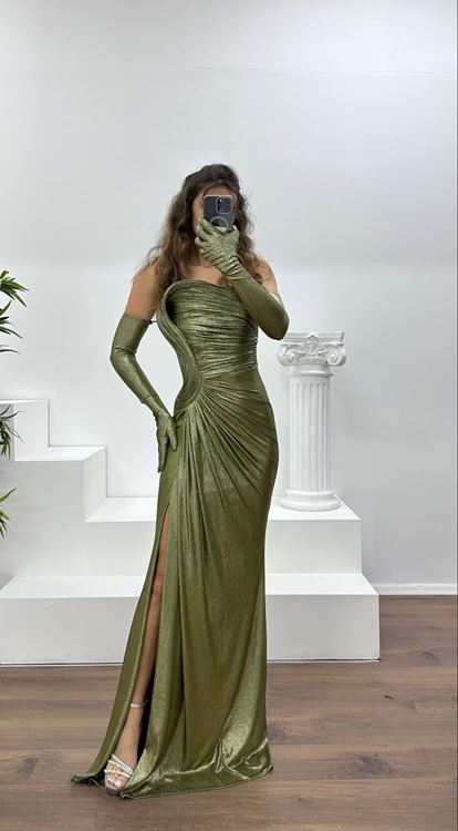 Haki Straplez Abiye Elbise