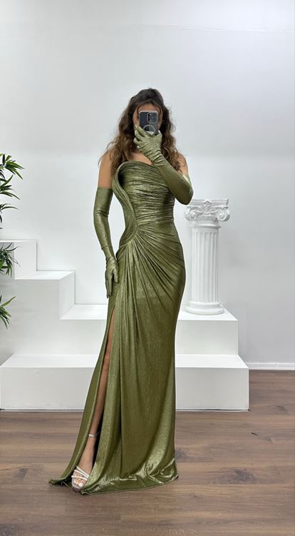 Haki Straplez Abiye Elbise