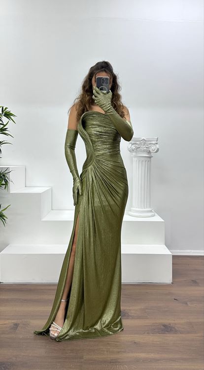 Haki Straplez Abiye Elbise