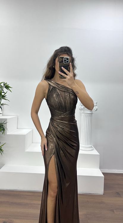 Siyah-Bakır Tek Omuz Abiye Elbise