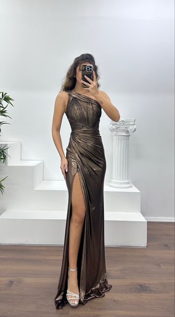 Siyah-Bakır Tek Omuz Abiye Elbise