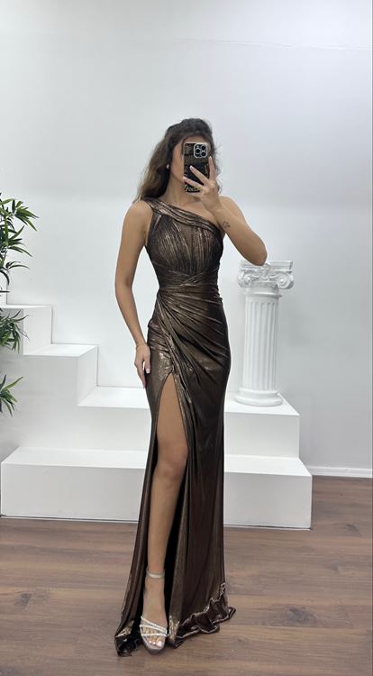 Siyah-Bakır Tek Omuz Abiye Elbise