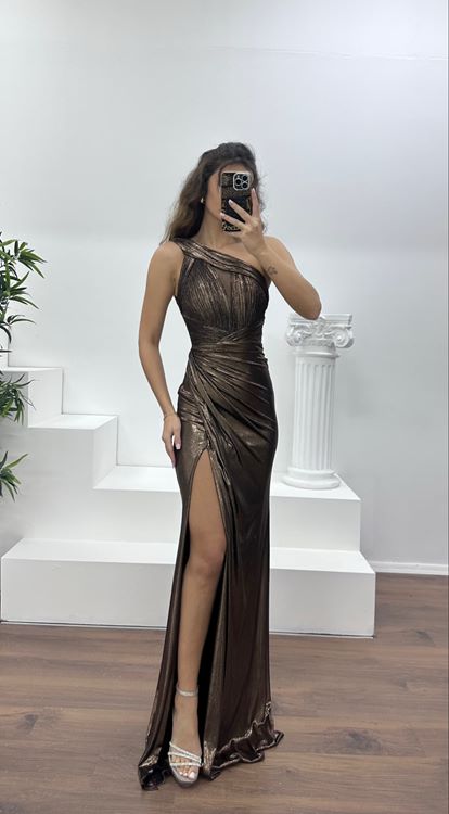 Siyah-Bakır Tek Omuz Abiye Elbise