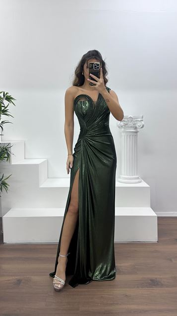 Yağ Yeşili Straplez Metalik Abiye Elbise