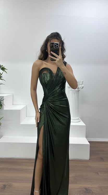Yağ Yeşili Straplez Metalik Abiye Elbise
