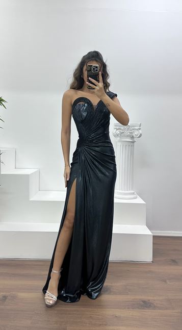 Antrasit Straplez Metalik Abiye Elbise