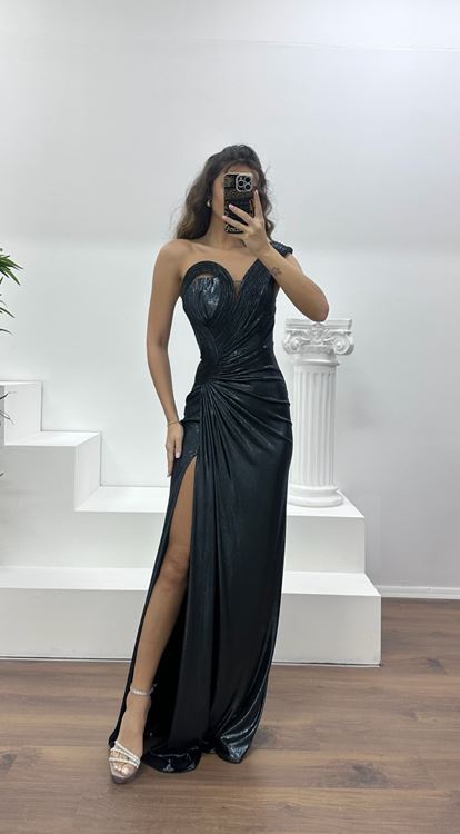 Antrasit Straplez Metalik Abiye Elbise