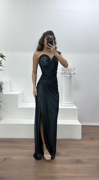 Antrasit Straplez Metalik Abiye Elbise