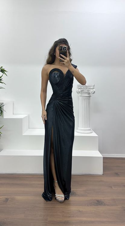 Antrasit Straplez Metalik Abiye Elbise