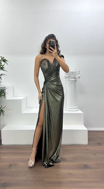 Siyah Gold Straplez Metalik Abiye Elbise