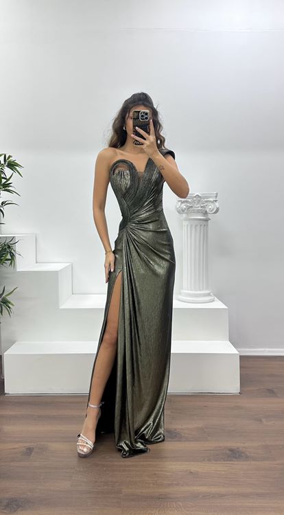 Siyah Gold Straplez Metalik Abiye Elbise