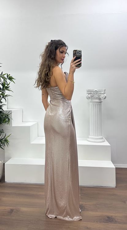Koyu Gold Straplez Metalik Abiye Elbise