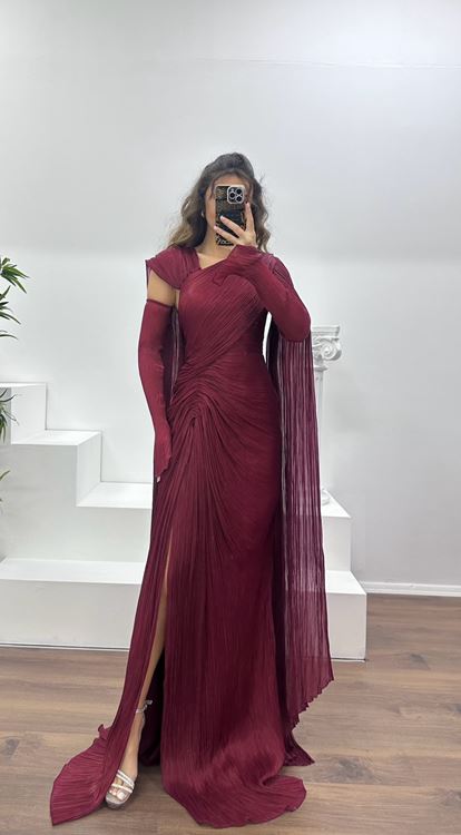 Bordo Piliseli Abiye Elbise