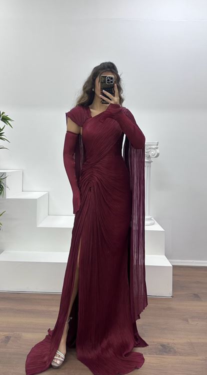 Bordo Piliseli Abiye Elbise