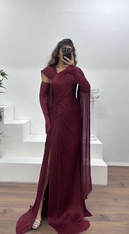 Bordo Piliseli Abiye Elbise