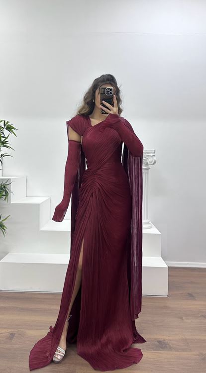 Bordo Piliseli Abiye Elbise