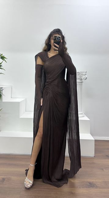 Brown Pleated Evening Dress