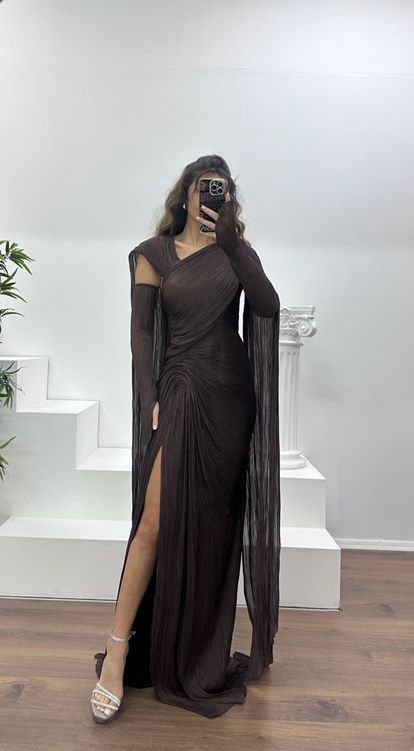 Kahverengi Piliseli Abiye Elbise