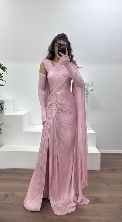 Powder Pink Pleated Evening Dress