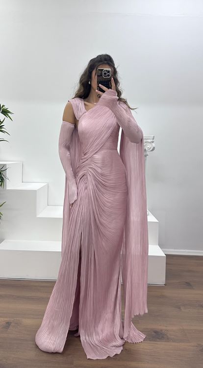 Powder Pink Pleated Evening Dress