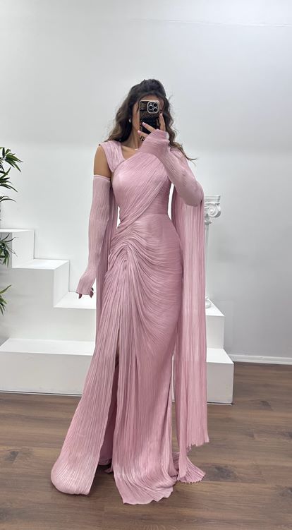 Powder Pink Pleated Evening Dress