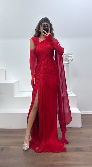 Red Pleated Evening Dress