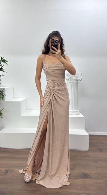 Gold Straplez Paraltılı Abiye Elbise