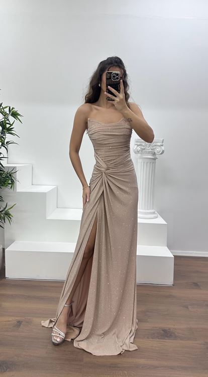 Gold Straplez Paraltılı Abiye Elbise