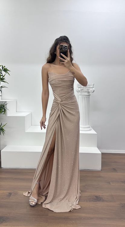 Gold Straplez Paraltılı Abiye Elbise