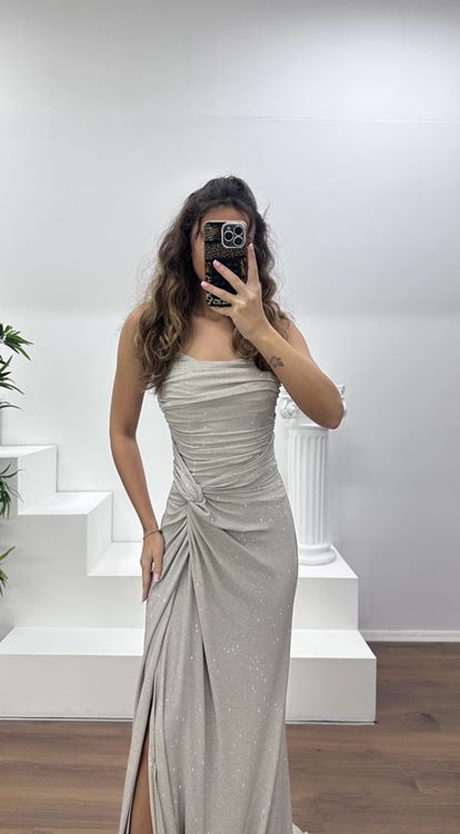 Vizon Straplez Paraltılı Abiye Elbise